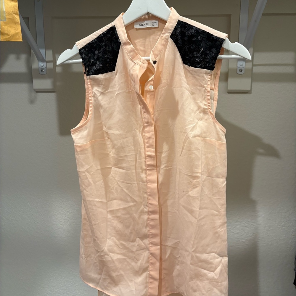 Velvet Light Peach Blouse with Black Lace Detail